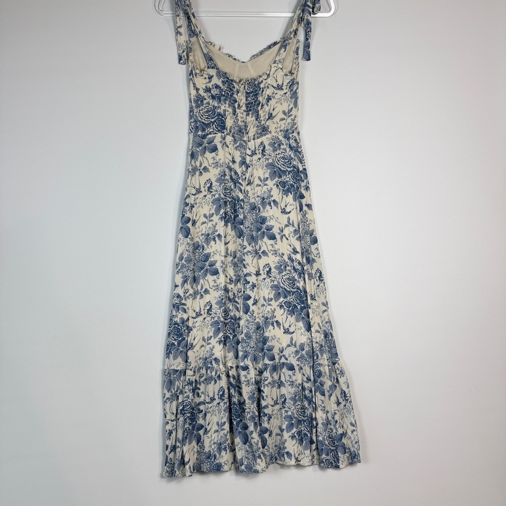 Reformation Juliette Dress Womens 6 Blue Wite Floral Bird Midi Tie Strap Smocked - Picture 3 of 14
